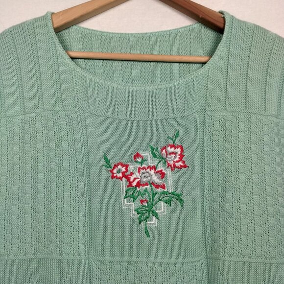 Vintage Sweater Small Sleeveless Mint Green Embroidered Flowers Grannycore - Picture 3 of 12